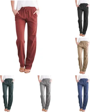 Women Solid Cotton Linen Straight Leg High Waist Long Pants - Elastic Drawstring Waist, Lightweight & Comfy Casual Trousers