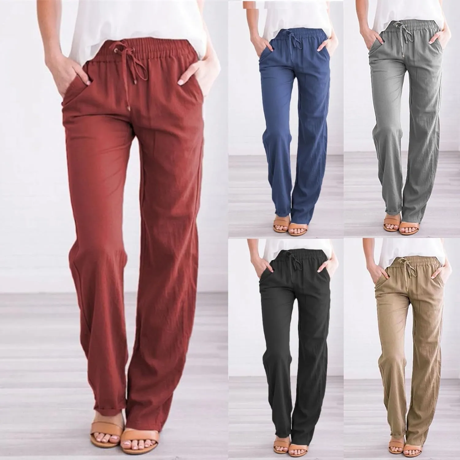 Women Solid Cotton Linen Straight Leg High Waist Long Pants - Elastic Drawstring Waist, Lightweight & Comfy Casual Trousers