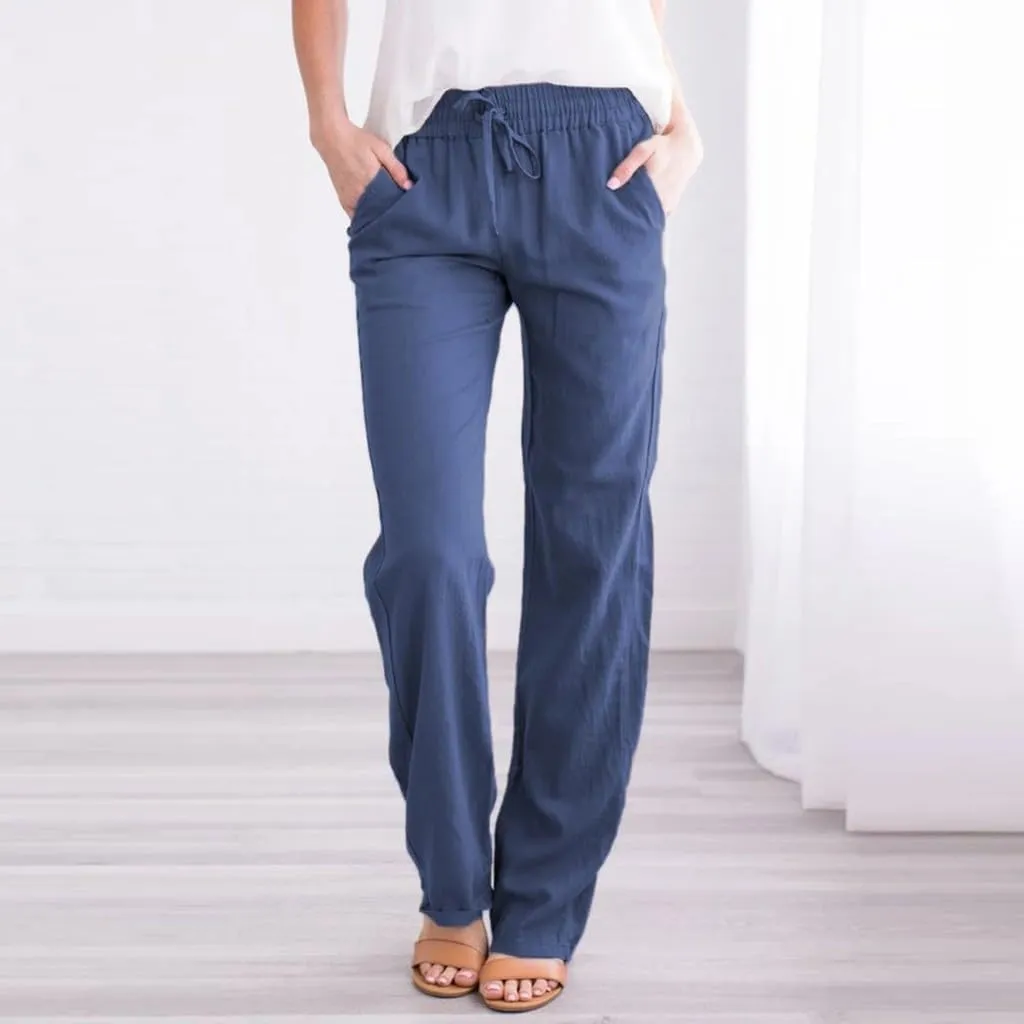 Women Solid Cotton Linen Straight Leg High Waist Long Pants - Elastic Drawstring Waist, Lightweight & Comfy Casual Trousers