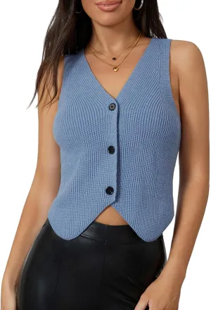 Women Vest Tops Sleeveless V Neck Button Knit Sweater Vest