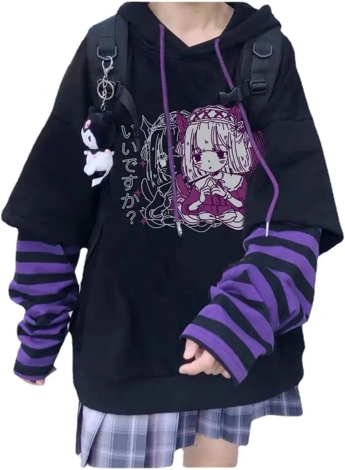 Women Y2K Colorblock Long Sleeve Drawstring Hoodie Sweatshirt Fairy Grunge Jacket Punk Anime Oversized Goth Clothes