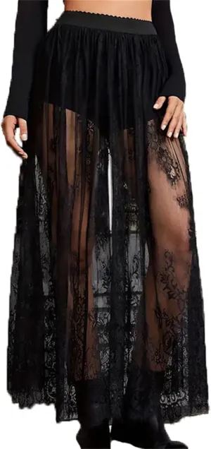Women Y2k See Through Floral Sheer Lace Maxi Skirt Fairy A Line Flowy Cover Up Slip Skirt Sexy High Waist Streetwear