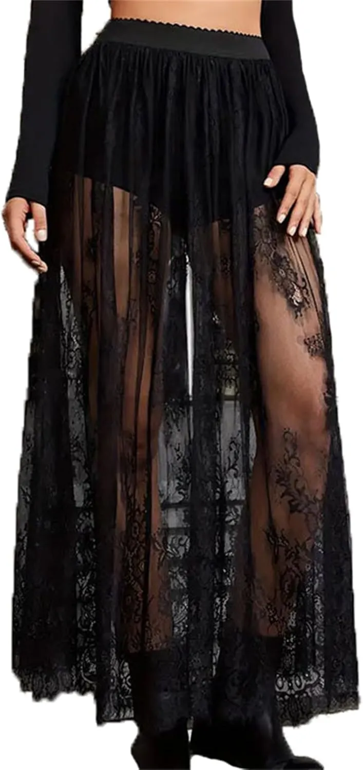 Women Y2k See Through Floral Sheer Lace Maxi Skirt Fairy A Line Flowy Cover Up Slip Skirt Sexy High Waist Streetwear