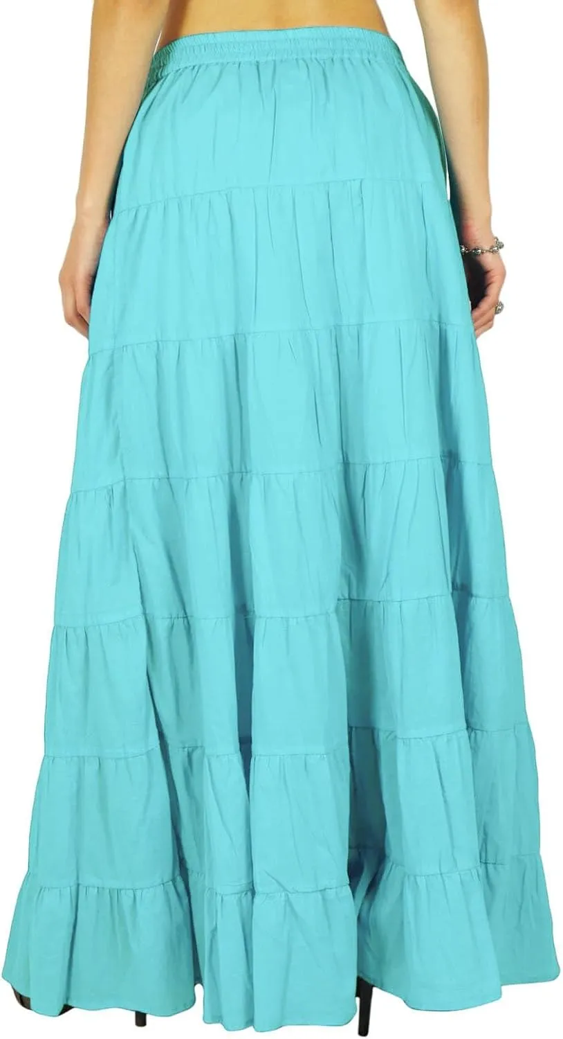 Women's 100% Cotton Skirts Tiered A Line Long Skirts Maxi Elastic High Waist Summer Trendy Flowy Boho Drawstring Skirt