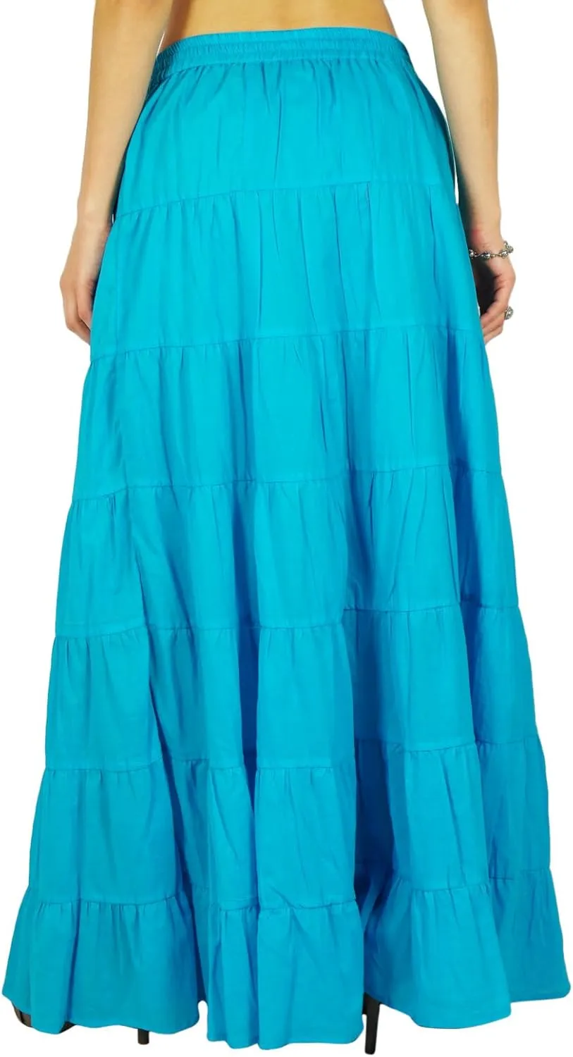 Women's 100% Cotton Skirts Tiered A Line Long Skirts Maxi Elastic High Waist Summer Trendy Flowy Boho Drawstring Skirt