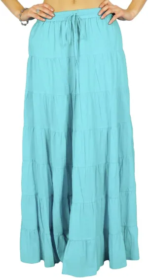 Women's 100% Cotton Skirts Tiered A Line Long Skirts Maxi Elastic High Waist Summer Trendy Flowy Boho Drawstring Skirt