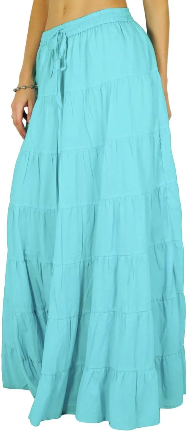 Women's 100% Cotton Skirts Tiered A Line Long Skirts Maxi Elastic High Waist Summer Trendy Flowy Boho Drawstring Skirt