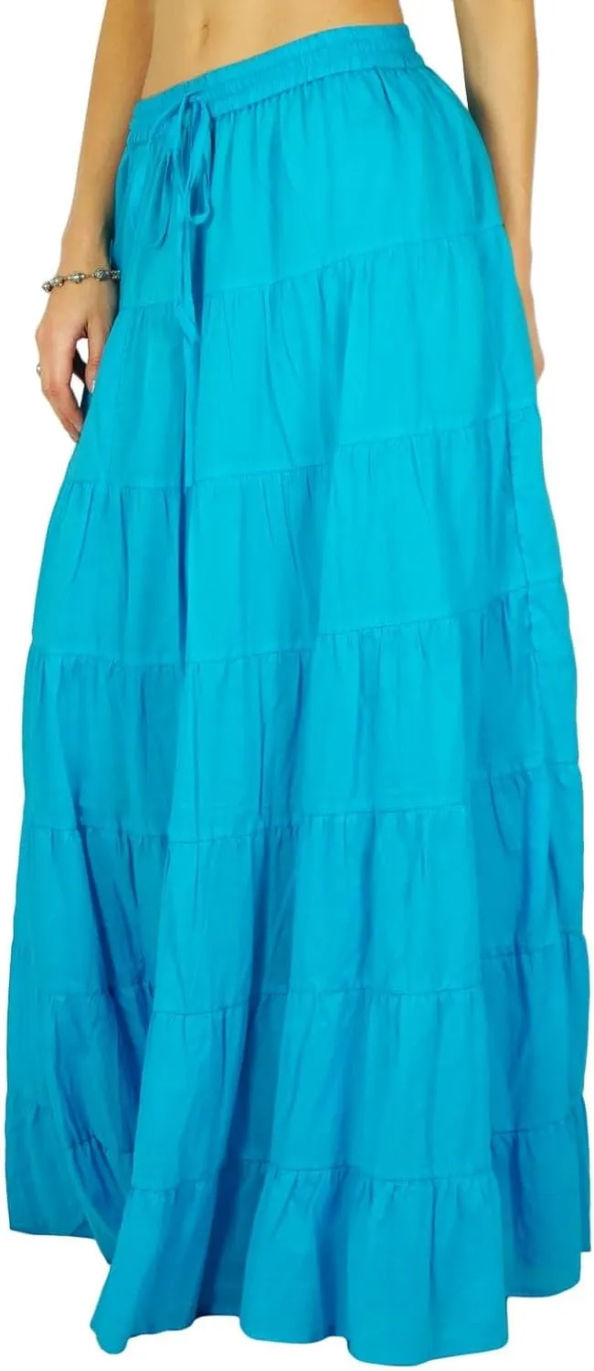 Women's 100% Cotton Skirts Tiered A Line Long Skirts Maxi Elastic High Waist Summer Trendy Flowy Boho Drawstring Skirt