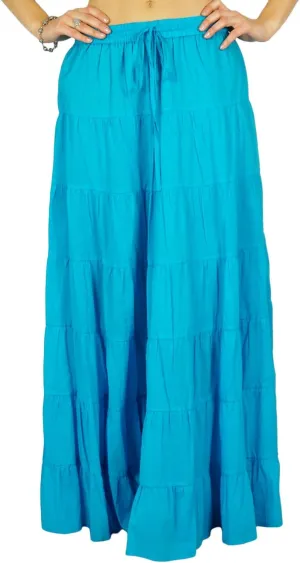 Women's 100% Cotton Skirts Tiered A Line Long Skirts Maxi Elastic High Waist Summer Trendy Flowy Boho Drawstring Skirt