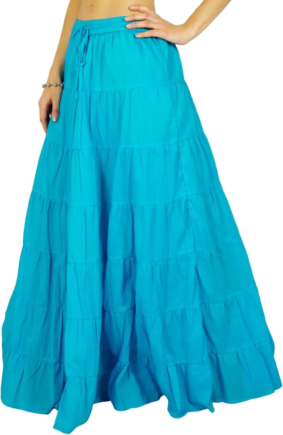 Women's 100% Cotton Skirts Tiered A Line Long Skirts Maxi Elastic High Waist Summer Trendy Flowy Boho Drawstring Skirt