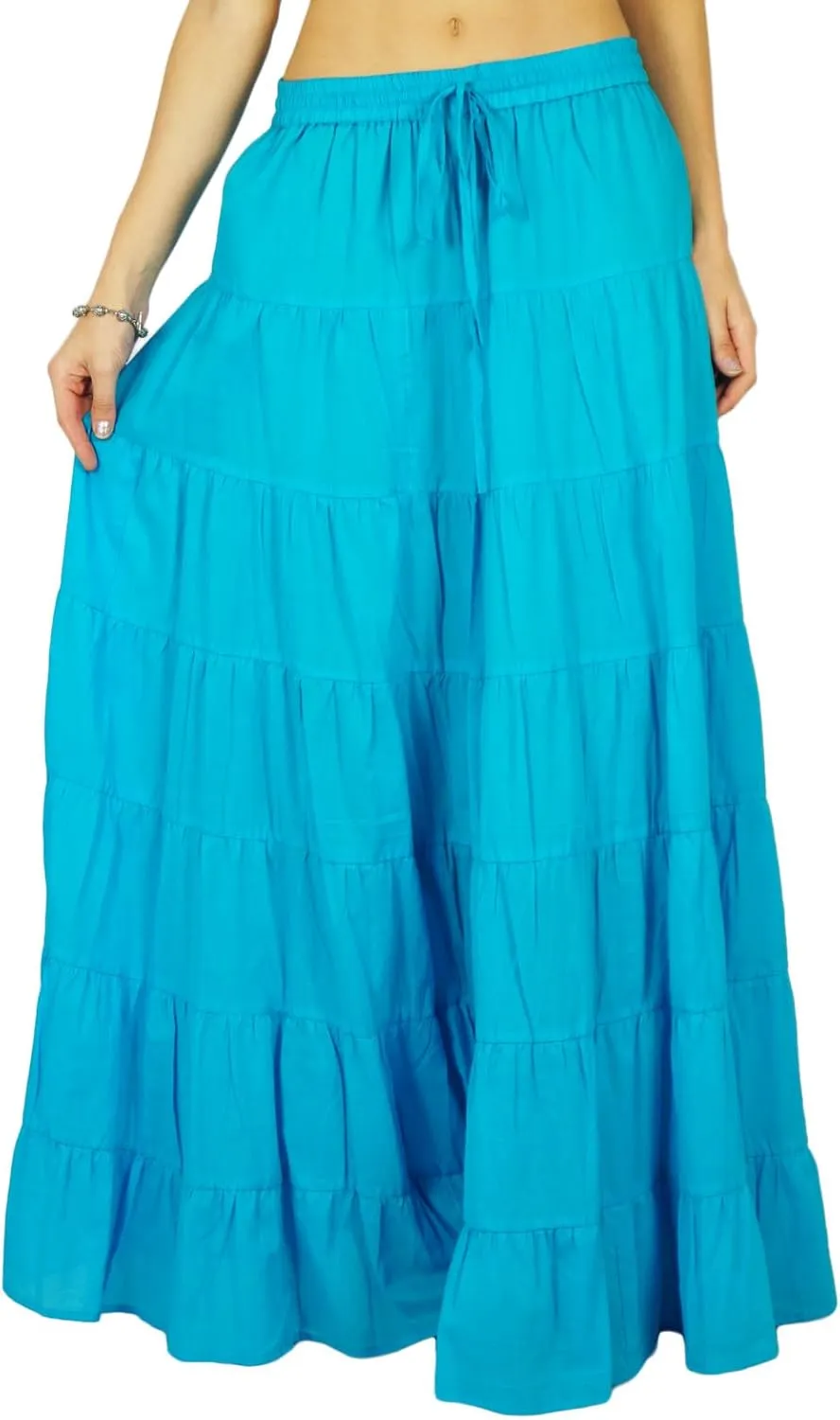 Women's 100% Cotton Skirts Tiered A Line Long Skirts Maxi Elastic High Waist Summer Trendy Flowy Boho Drawstring Skirt