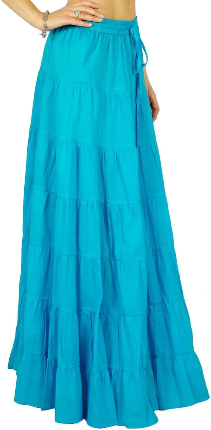 Women's 100% Cotton Skirts Tiered A Line Long Skirts Maxi Elastic High Waist Summer Trendy Flowy Boho Drawstring Skirt