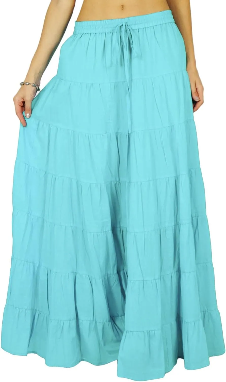 Women's 100% Cotton Skirts Tiered A Line Long Skirts Maxi Elastic High Waist Summer Trendy Flowy Boho Drawstring Skirt
