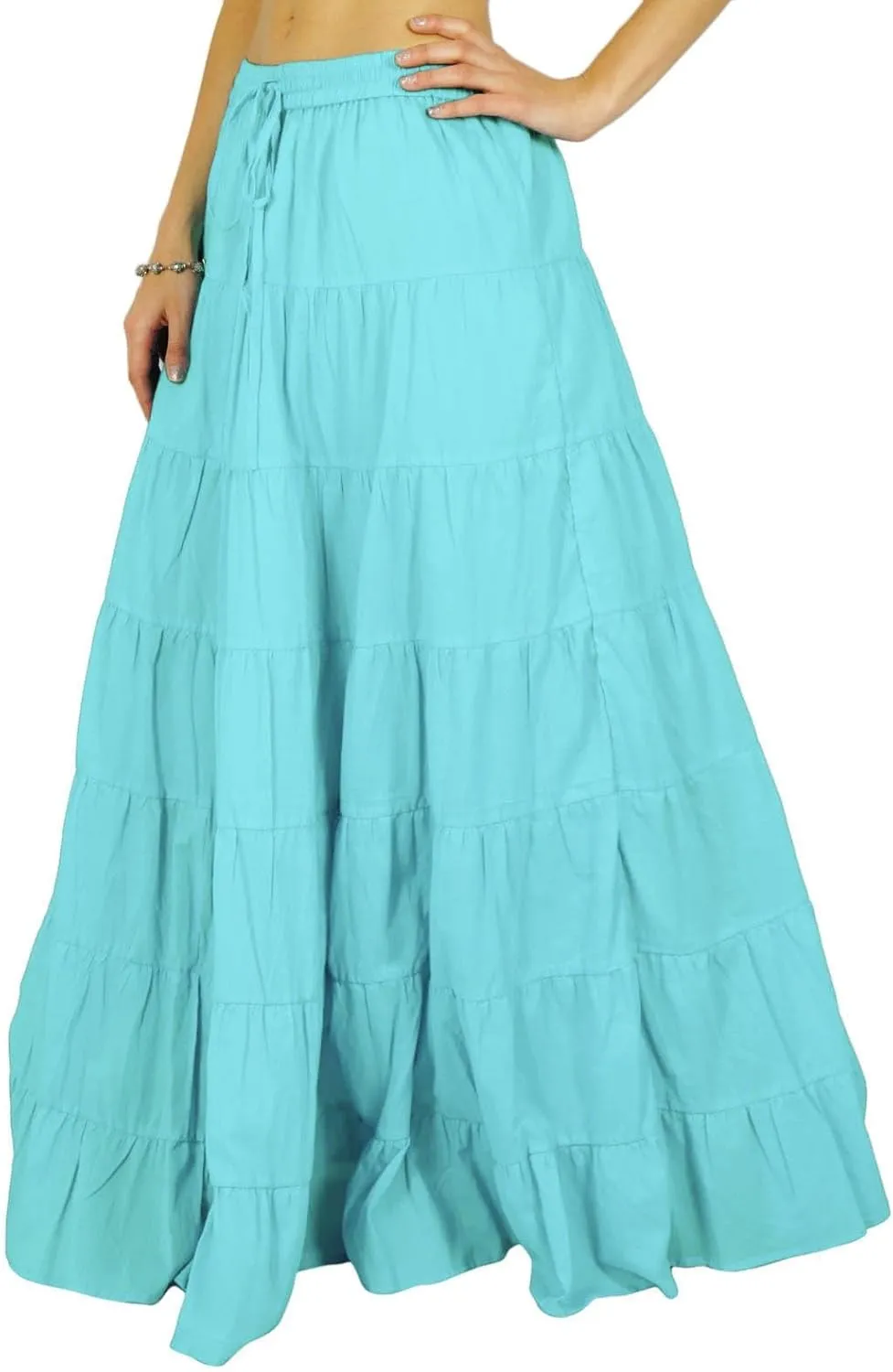 Women's 100% Cotton Skirts Tiered A Line Long Skirts Maxi Elastic High Waist Summer Trendy Flowy Boho Drawstring Skirt