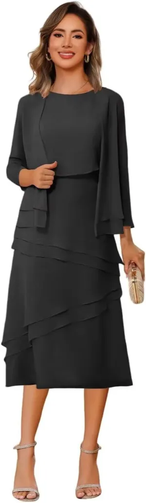 Women's 2 Piece Mother of The Bride Dresses 2025 for Wedding Tea Length Formal Evening Dress with Jacket PU252