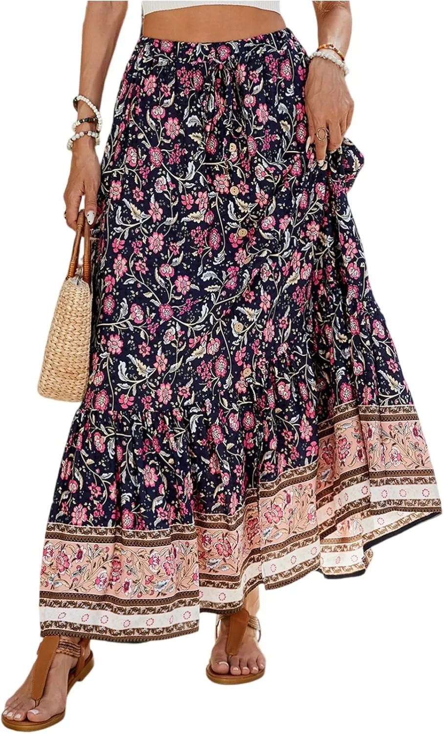 Women's 2025 Boho Skirt High Waist Floral Pleated Tiered Beach Flowy A Line Maxi Skirt, S-XL