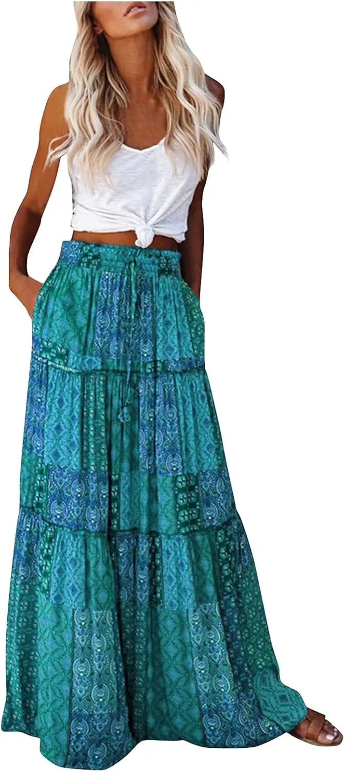 Womens Boho Floral Print Skirt Casual High Waist Tiered Maxi Skirts A Line Pleated Ruffle Flowy Long Skirt w/Pockets