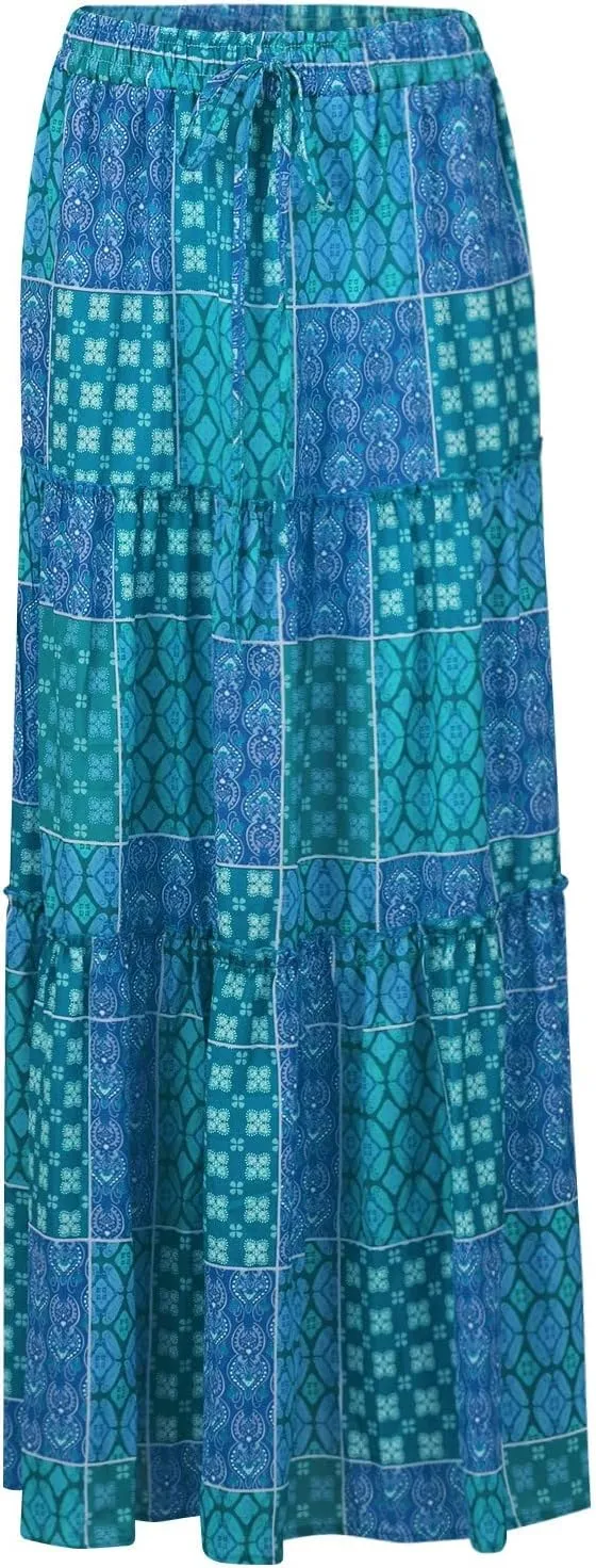 Womens Boho Floral Print Skirt Casual High Waist Tiered Maxi Skirts A Line Pleated Ruffle Flowy Long Skirt w/Pockets