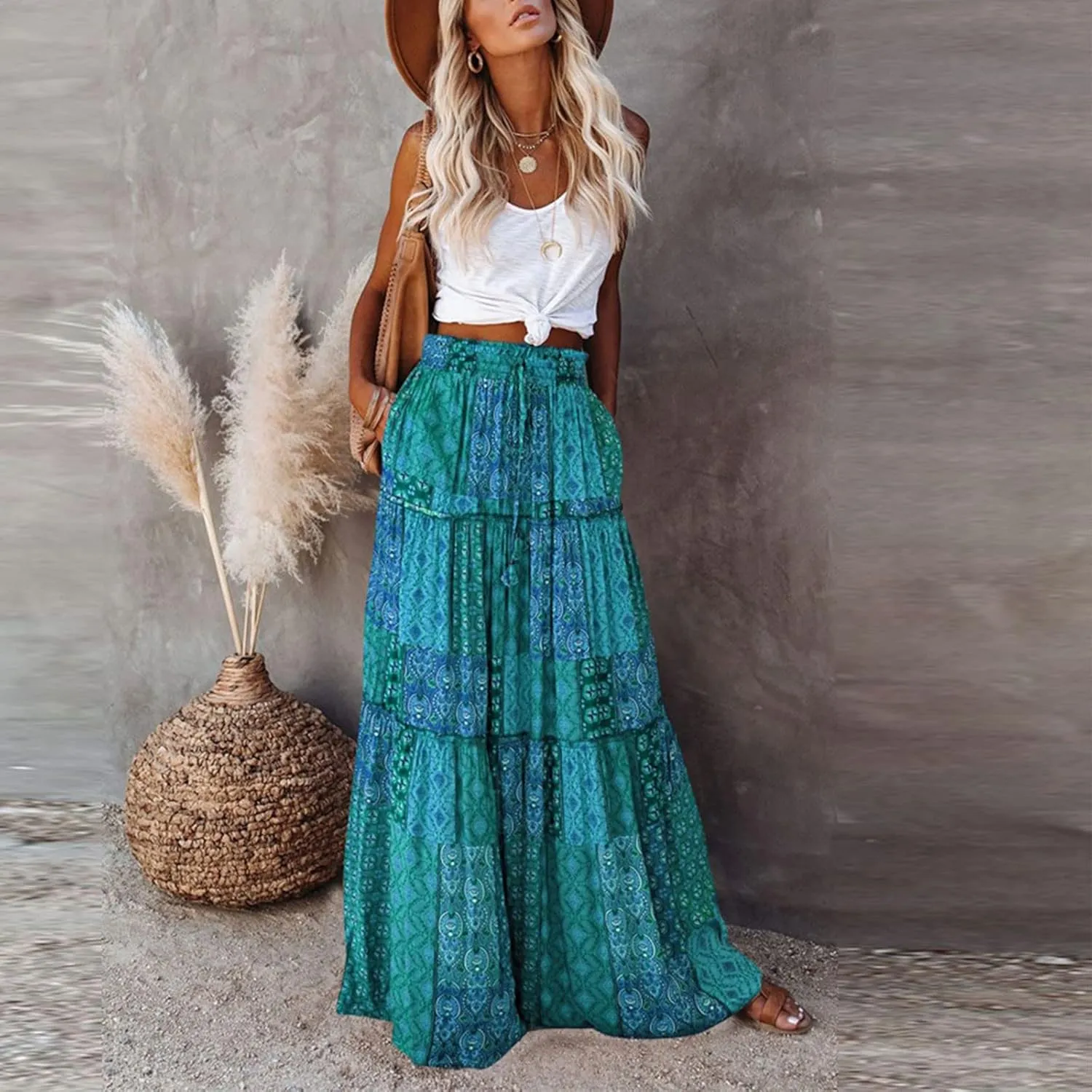 Womens Boho Floral Print Skirt Casual High Waist Tiered Maxi Skirts A Line Pleated Ruffle Flowy Long Skirt w/Pockets
