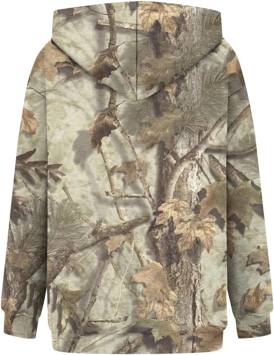 Women's Camo Hoodie Maple-Leaf Print Oversized Sweatshirt Fleece Hooded Sweatshirts with Pocket Classic Pullovers