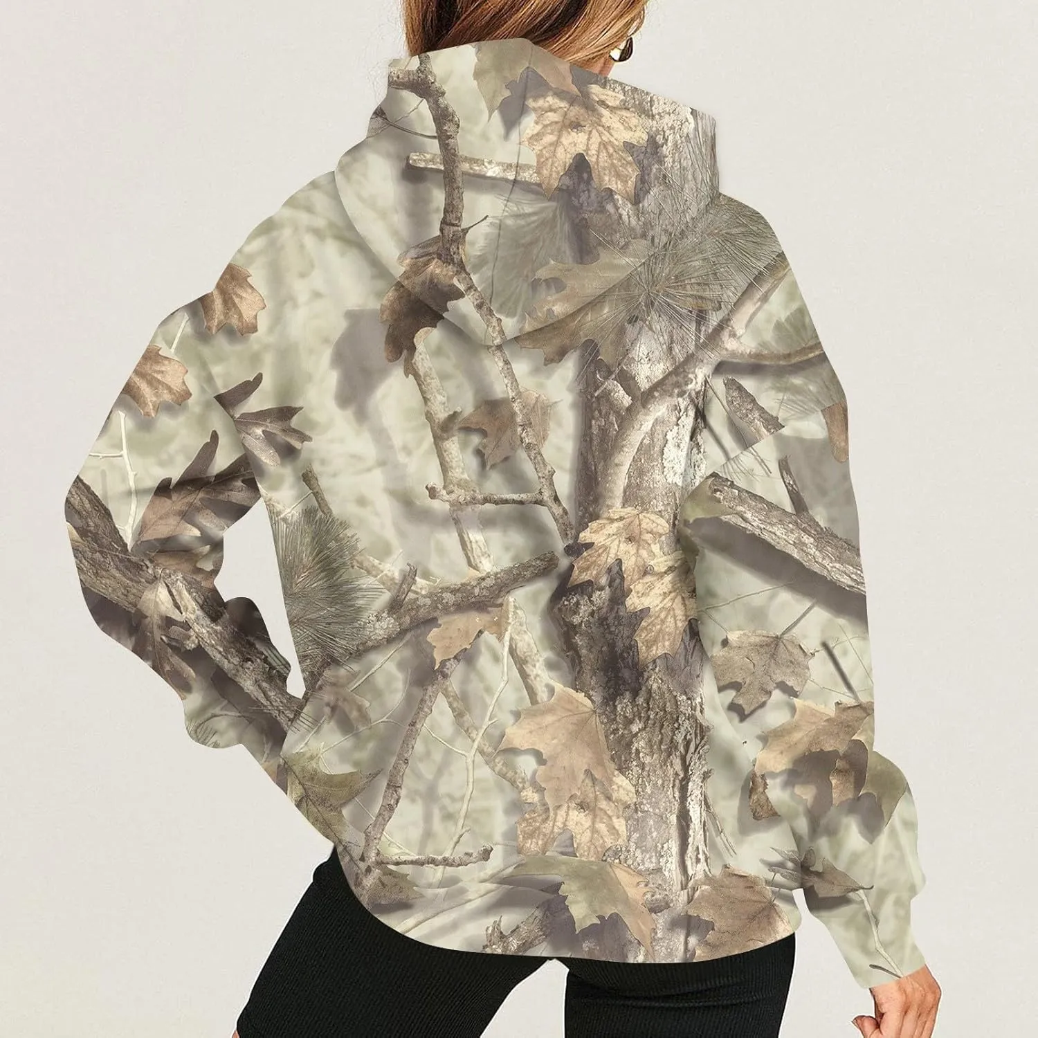 Women's Camo Hoodie Maple-Leaf Print Oversized Sweatshirt Fleece Hooded Sweatshirts with Pocket Classic Pullovers
