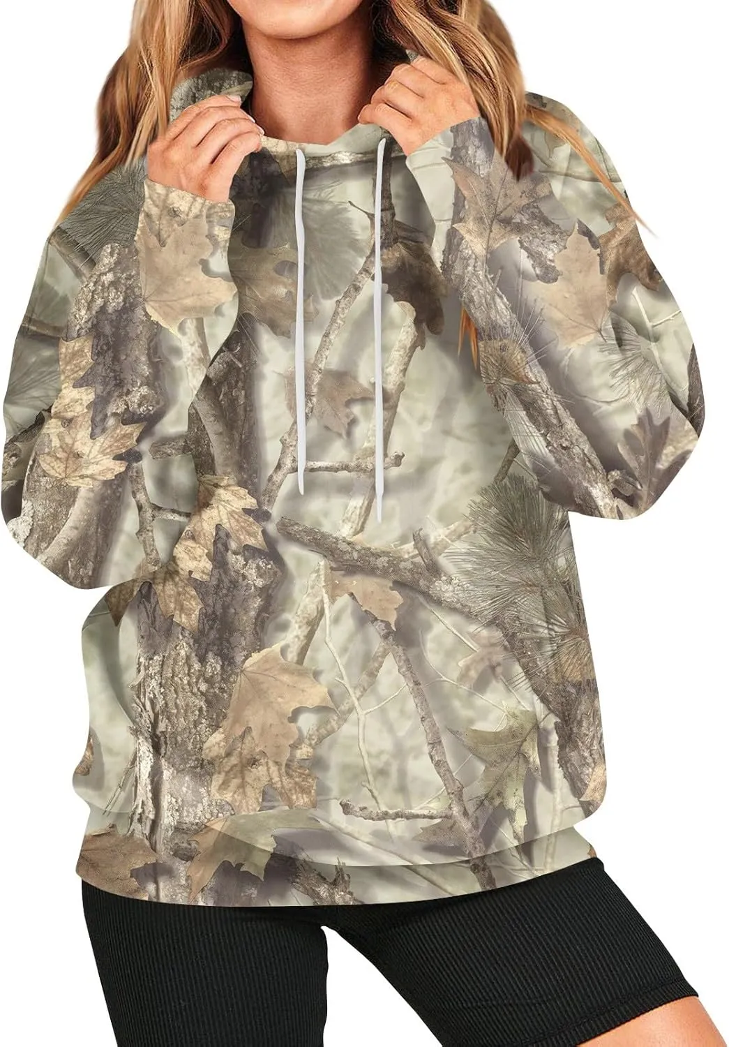 Women's Camo Hoodie Maple-Leaf Print Oversized Sweatshirt Fleece Hooded Sweatshirts with Pocket Classic Pullovers