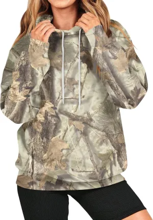 Women's Camo Hoodie Maple-Leaf Print Oversized Sweatshirt Fleece Hooded Sweatshirts with Pocket Classic Pullovers