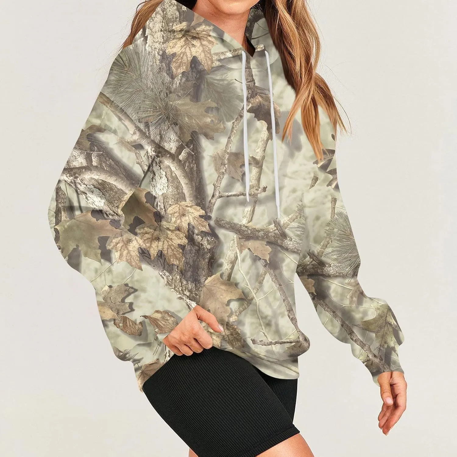 Women's Camo Hoodie Maple-Leaf Print Oversized Sweatshirt Fleece Hooded Sweatshirts with Pocket Classic Pullovers