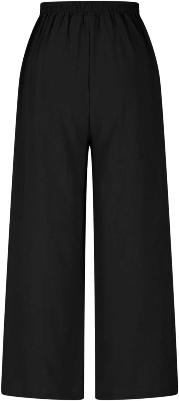 Womens Capri Pants with Pockets 2025 Summer Casual Wide Leg Trousers Cotton Linen Loose Lightweight Beach Pants Light Blue 2X