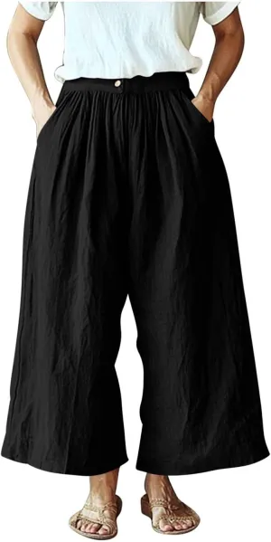 Womens Capri Pants with Pockets 2025 Summer Casual Wide Leg Trousers Cotton Linen Loose Lightweight Beach Pants Light Blue 2X