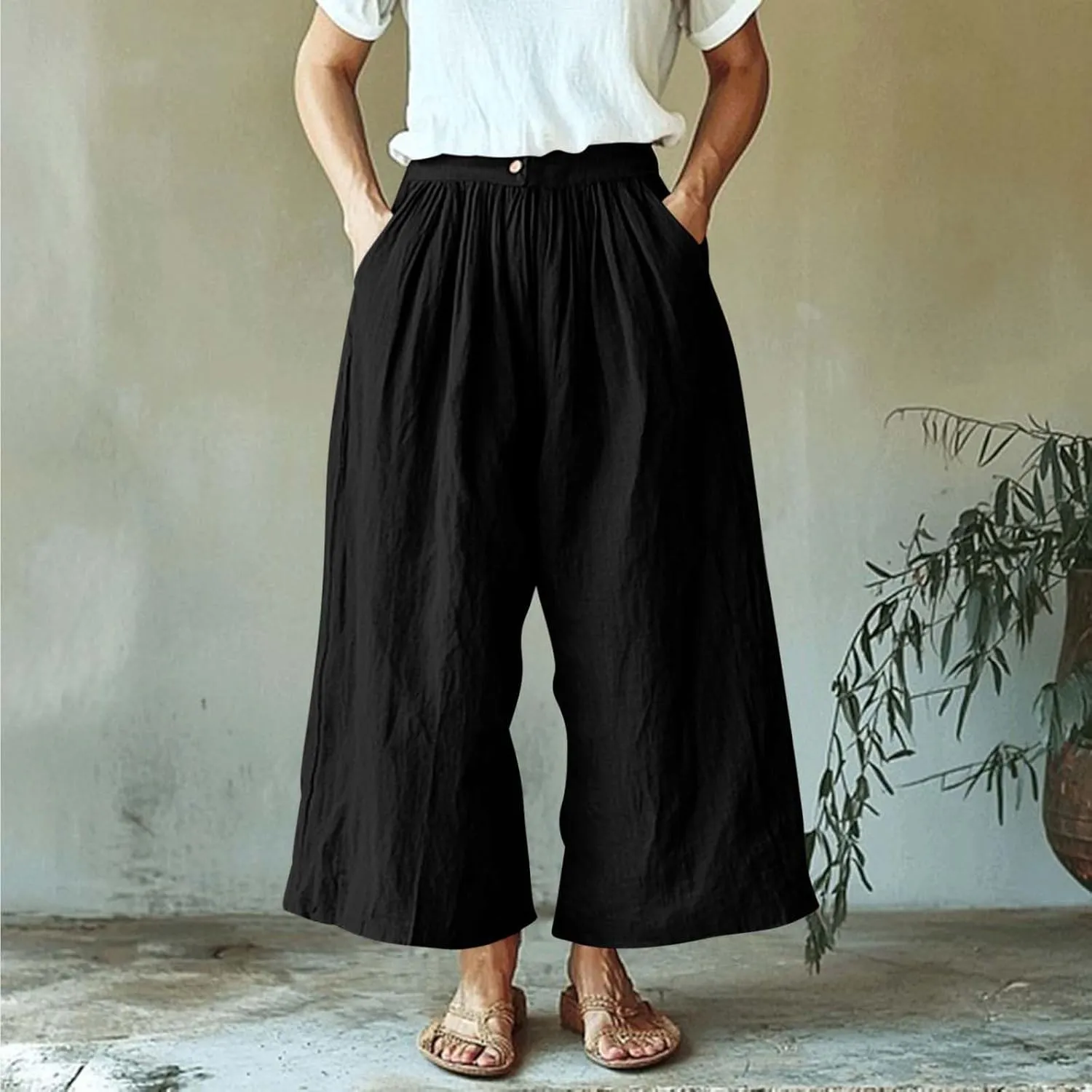 Womens Capri Pants with Pockets 2025 Summer Casual Wide Leg Trousers Cotton Linen Loose Lightweight Beach Pants Light Blue 2X