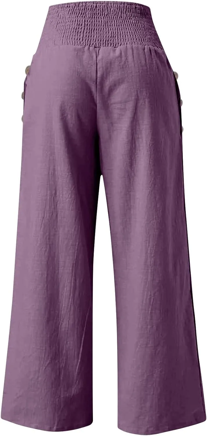 Womens Casual Cotton Linen Palazzo Pants Button Drawstring Waist Wide Leg Trousers Beach Vacation Outfits