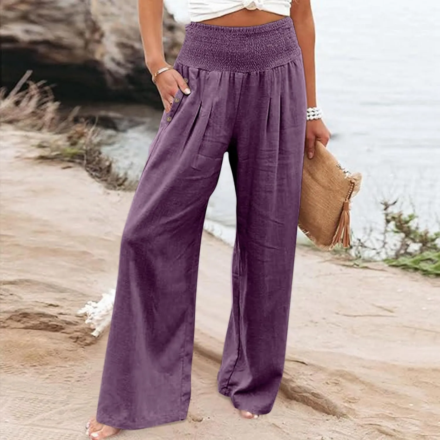Womens Casual Cotton Linen Palazzo Pants Button Drawstring Waist Wide Leg Trousers Beach Vacation Outfits