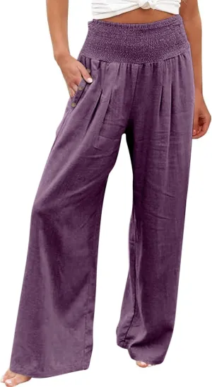 Womens Casual Cotton Linen Palazzo Pants Button Drawstring Waist Wide Leg Trousers Beach Vacation Outfits