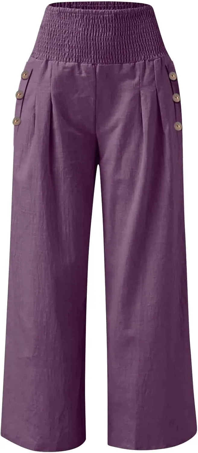 Womens Casual Cotton Linen Palazzo Pants Button Drawstring Waist Wide Leg Trousers Beach Vacation Outfits