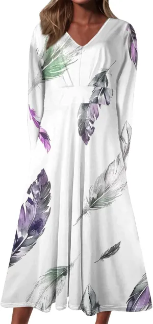 Women's Casual Dresses Fall 2024 Boho Long Sleeve V Neck Ruffle Maxi Dress Vintage Fashion Ruffle Bohemian Dresses