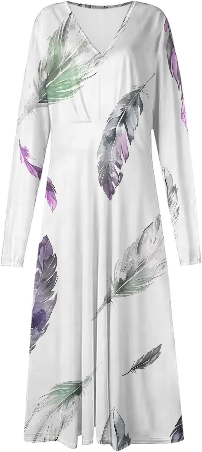 Women's Casual Dresses Fall 2024 Boho Long Sleeve V Neck Ruffle Maxi Dress Vintage Fashion Ruffle Bohemian Dresses