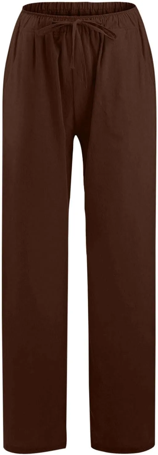 Womens Casual Linen High Waist Pants Drawstring Loose Fit Summer Pants Trousers with Side Pockets