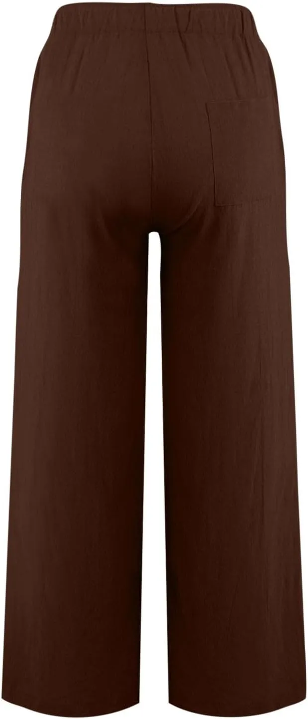 Womens Casual Linen High Waist Pants Drawstring Loose Fit Summer Pants Trousers with Side Pockets