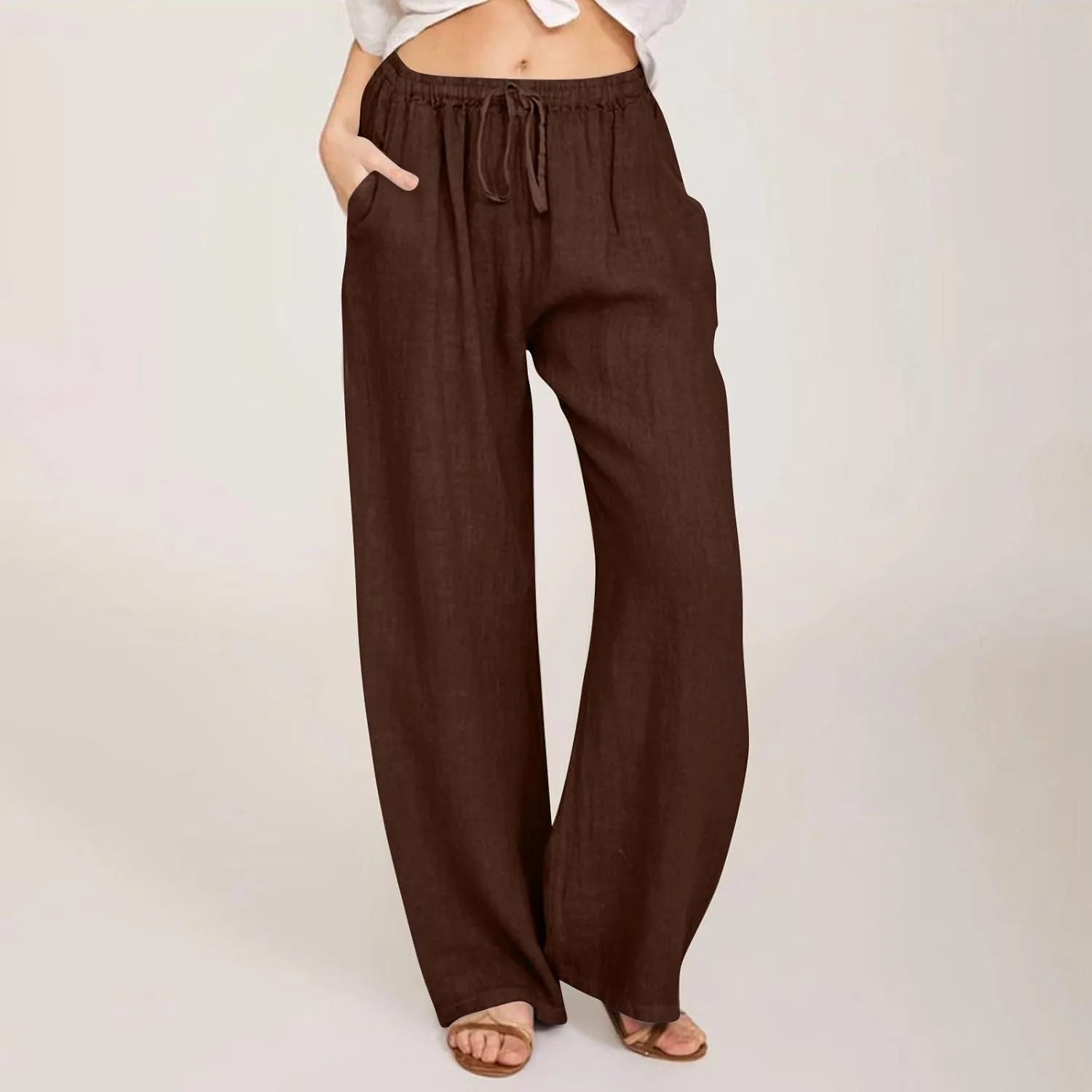 Womens Casual Linen High Waist Pants Drawstring Loose Fit Summer Pants Trousers with Side Pockets