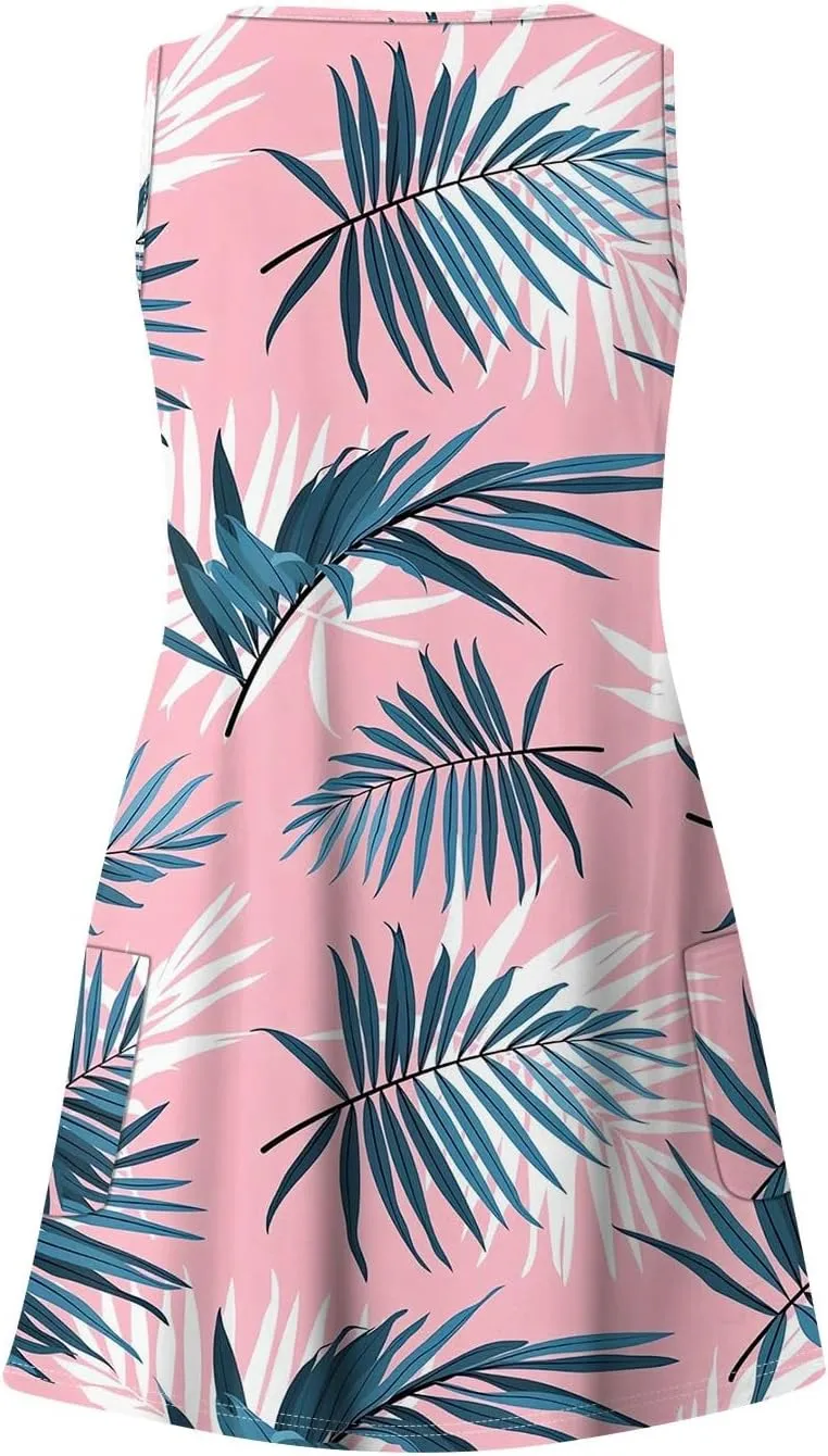 Women's Cocktail Dresses 2025 Beach Casual Sleeveless Floral Print Summer Dress Tank Loose Sundress with Pocket