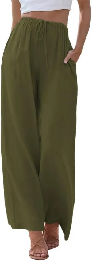 Womens Cotton Linen Palazzo Pants Casual Wide Leg Trousers with Pockets Drawstring Elastic High Waist Long Pant