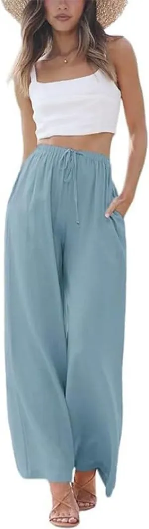 Womens Cotton Linen Palazzo Pants Casual Wide Leg Trousers with Pockets Drawstring Elastic High Waist Long Pant