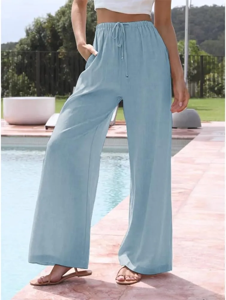Womens Cotton Linen Palazzo Pants Casual Wide Leg Trousers with Pockets Drawstring Elastic High Waist Long Pant