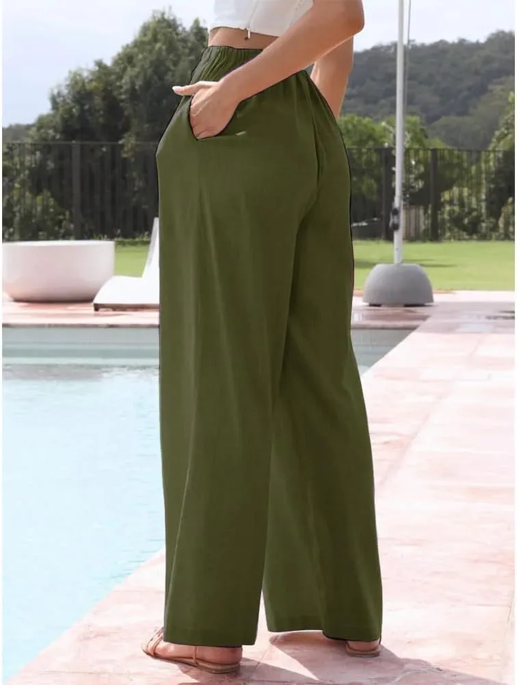 Womens Cotton Linen Palazzo Pants Casual Wide Leg Trousers with Pockets Drawstring Elastic High Waist Long Pant