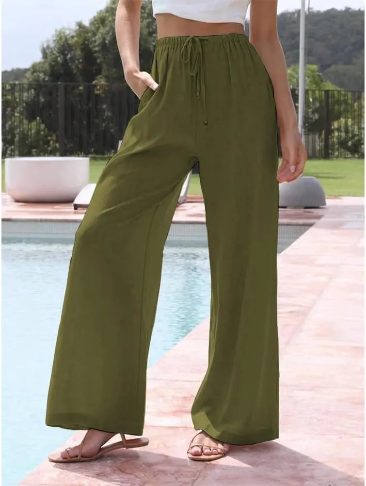 Womens Cotton Linen Palazzo Pants Casual Wide Leg Trousers with Pockets Drawstring Elastic High Waist Long Pant