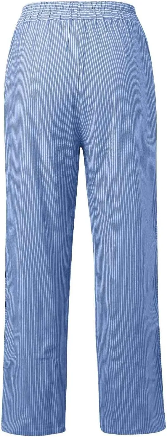 Womens Cotton Linen Pants Casual Summer Striped Side Button Elastic Waist Pants Wide Leg Loose Trousers with Pockets