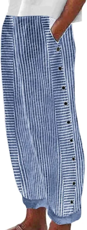 Womens Cotton Linen Pants Casual Summer Striped Side Button Elastic Waist Pants Wide Leg Loose Trousers with Pockets