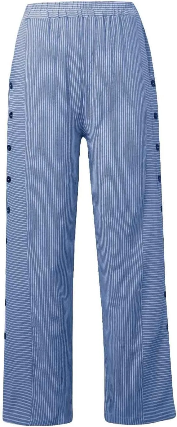 Womens Cotton Linen Pants Casual Summer Striped Side Button Elastic Waist Pants Wide Leg Loose Trousers with Pockets