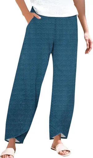 Womens Cotton Linen Printed Pants Wide Leg Comfy Retro Trousers High Waisted Straight Pant for Outdoor Hiking Commute